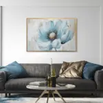 Yağlı Boya Dokulu Tablo Modern Mavi Çiçek Altın Çerçeveli