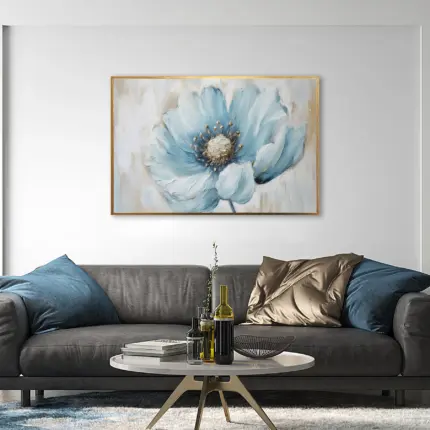 Yağlı Boya Dokulu Tablo Modern Mavi Çiçek Altın Çerçeveli