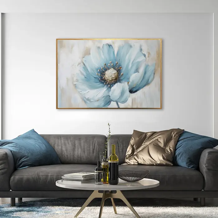Yağlı Boya Dokulu Tablo Modern Mavi Çiçek Altın Çerçeveli - Görsel 1
