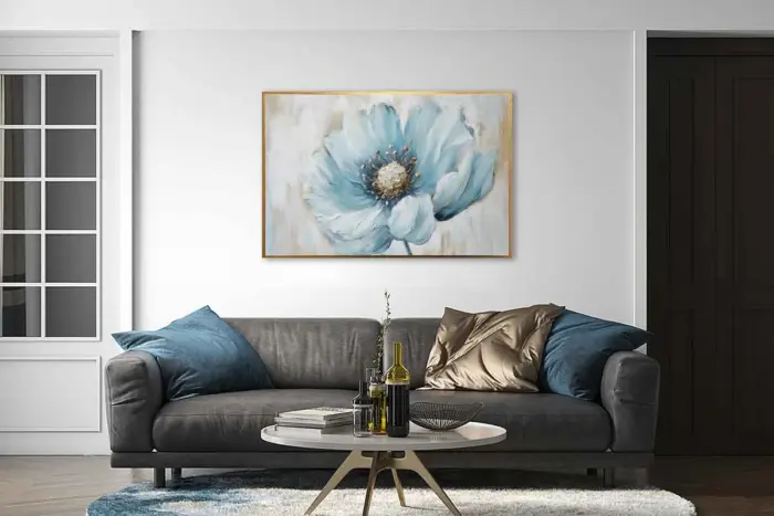 Yağlı Boya Dokulu Tablo Modern Mavi Çiçek Altın Çerçeveli - Görsel 2