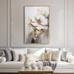 Yağlı Boya Dokulu Tablo Soyut Beyaz Çiçek Altın Çerçeveli