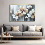 Yağlı Boya Dokulu Tablo Soyut Krem Beyaz Çiçekler Altın Çerçeveli