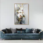 Yağlı Boya Dokulu Tablo Soyut Beyaz Altın Çiçekler Altın Çerçeveli