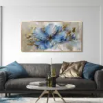 Yağlı Boya Dokulu Tablo Modern Mavi Tek Çiçek Altın Çerçeveli