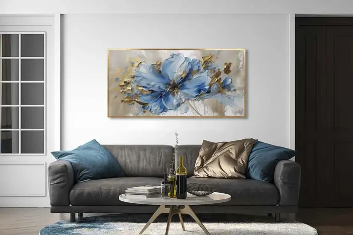 Yağlı Boya Dokulu Tablo Modern Mavi Tek Çiçek Altın Çerçeveli - Görsel 2