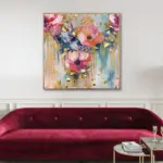 Yağlı Boya Dokulu Tablo Soyut Renkli Çiçekler Altın Çerçeveli