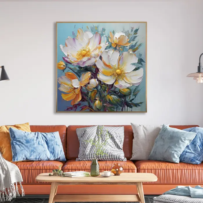 Yağlı Boya Dokulu Tablo Soyut Modern Beyaz Çiçekler Altın Çerçeveli - Görsel 1