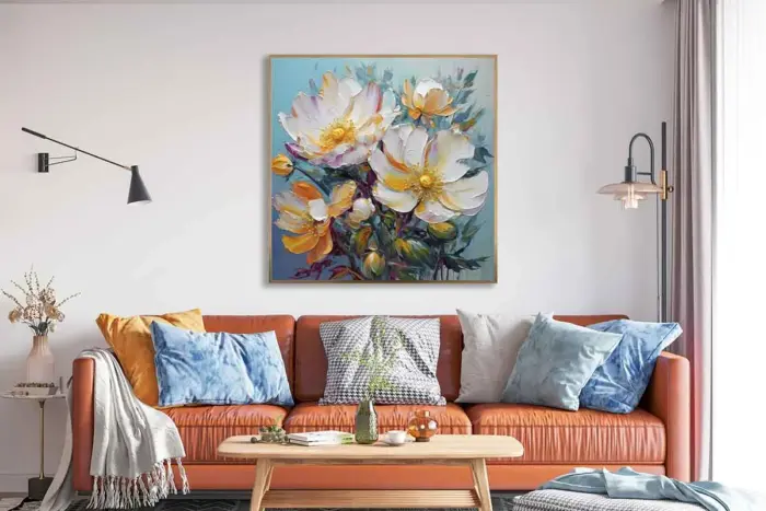 Yağlı Boya Dokulu Tablo Soyut Modern Beyaz Çiçekler Altın Çerçeveli - Görsel 2