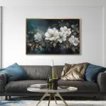 Yağlı Boya Dokulu Tablo Koyu Fonda Beyaz Çiçekler Altın Çerçeveli