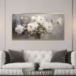 Yağlı Boya Dokulu Tablo Vazoda Beyaz Modern Çiçekler Altın Çerçeveli