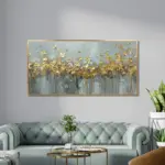 Yağlı Boya Dokulu Tablo Soyut Altın Çiçekler Altın Çerçeveli