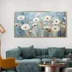 Yağlı Boya Dokulu Tablo Mavi Fonda Beyaz Modern Çiçekler Altın Çerçeveli