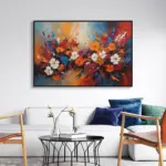 Yağlı Boya Dokulu Tablo Soyut Renkli Bahar Çiçekleri Siyah Çerçeveli