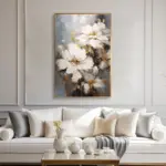 Yağlı Boya Dokulu Tablo Soyut Beyaz Dikey Çiçekler Altın Çerçeveli