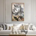 Yağlı Boya Dokulu Tablo Soyut Beyaz Dikey Çiçek Altın Çerçeveli