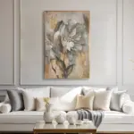 Yağlı Boya Dokulu Tablo Soyut Beyaz Tek Çiçek Altın Çerçeveli