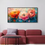 Yağlı Boya Dokulu Tablo Renkli Modern Yatay Çiçekler Siyah Çerçeveli