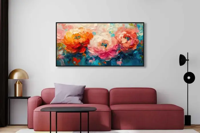 Yağlı Boya Dokulu Tablo Renkli Modern Yatay Çiçekler Siyah Çerçeveli - Görsel 2