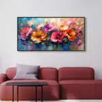 Yağlı Boya Dokulu Tablo Modern Renkli Yatay Çiçekler Siyah Çerçeveli