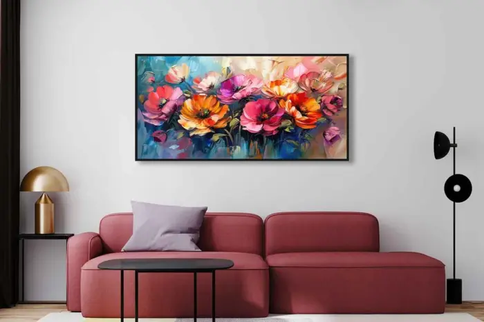 Yağlı Boya Dokulu Tablo Modern Renkli Yatay Çiçekler Siyah Çerçeveli - Görsel 2