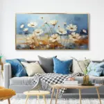 Yağlı Boya Dokulu Tablo Mavi Fonda Beyaz Yatay Çiçekler Altın Çerçeveli