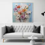 Yağlı Boya Dokulu Tablo Kabartma Çiçekler Gümüş Çerçeveli