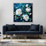 Yağlı Boya Dokulu Tablo Koyu Fonda Beyaz Güller Altın Çerçeveli