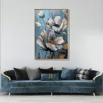 Yağlı Boya Dokulu Tablo Mavi Fonda Beyaz Altın Çiçekler Altın Çerçeveli