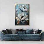 Yağlı Boya Dokulu Tablo Mavi Fonda Beyaz Altın Çiçekler Altın Çerçeveli