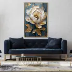 Yağlı Boya Dokulu Tablo Mavi Fonda Beyaz Altın Çiçek Altın Çerçeveli