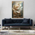 Yağlı Boya Dokulu Tablo Beyaz Kabartma Çiçek Altın Çerçeveli