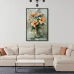 Yağlı Boya Dokulu Tablo Vazoda Modern Çiçekler Siyah Çerçeveli