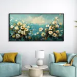 Yağlı Boya Dokulu Tablo Soyut Beyaz Kır Çiçekleri Siyah Çerçeveli