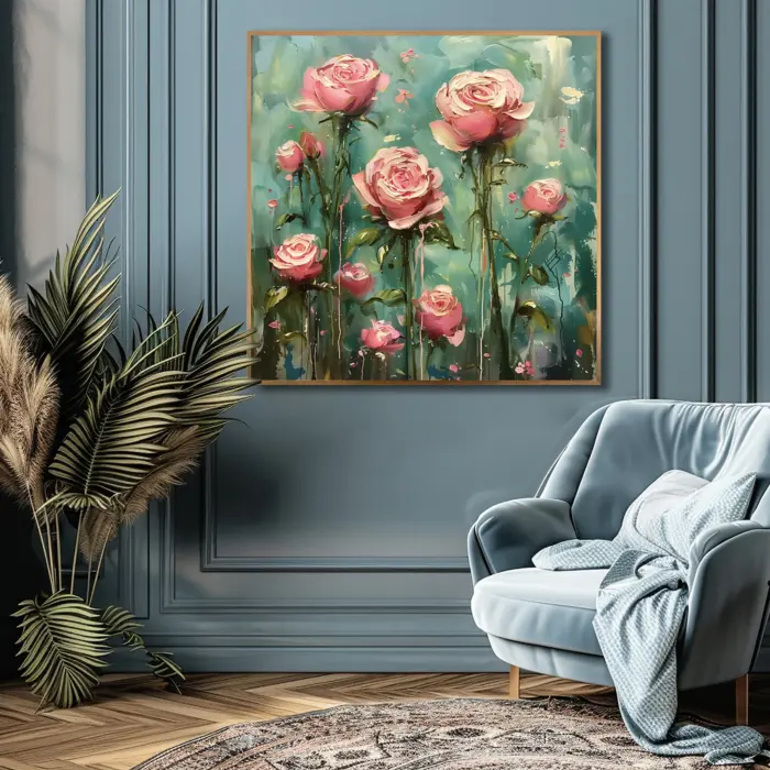 Yağlı Boya Dokulu Tablo Modern Pembe Güller Altın Çerçeveli - Görsel 1