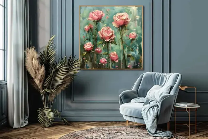Yağlı Boya Dokulu Tablo Modern Pembe Güller Altın Çerçeveli - Görsel 2