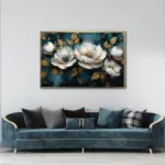 Yağlı Boya Dokulu Tablo Koyu Fonda Beyaz Altın Çiçekler Altın Çerçeveli