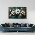 Yağlı Boya Dokulu Tablo Koyu Fonda Beyaz Altın Çiçekler Altın Çerçeveli