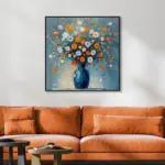 Yağlı Boya Dokulu Tablo Vazoda Renkli Modern Çiçekler Siyah Çerçeveli