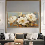 Yağlı Boya Dokulu Tablo Üçlü Modern Beyaz Çiçekler Altın Çerçeveli