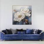 Yağlı Boya Dokulu Tablo Beyaz Modern Çiçekler Altın Çerçeveli