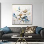 Yağlı Boya Dokulu Tablo Beyaz Soyut Çiçekler Altın Çerçeveli