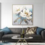 Yağlı Boya Dokulu Tablo Beyaz Soyut İkili Çiçek Altın Çerçeveli