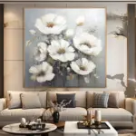 Yağlı Boya Dokulu Tablo Beyaz Modern Çiçekler Altın Çerçeveli