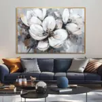 Yağlı Boya Dokulu Tablo Soyut Beyaz Çiçekler Altın Çerçeveli