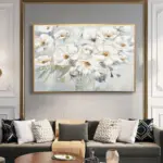 Yağlı Boya Dokulu Tablo Modern Beyaz Çiçekler Altın Çerçeveli