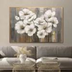 Yağlı Boya Dokulu Tablo Gri Altın Fonda Beyaz Çiçekler Altın Çerçeveli