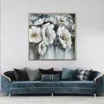 Yağlı Boya Dokulu Tablo Modern Beyaz Çiçekler Altın Çerçeveli