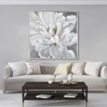 Yağlı Boya Dokulu Tablo Soyut Tekli Beyaz Çiçek Gümüş Çerçeveli