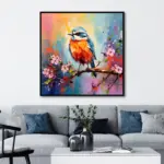 Yağlı Boya Dokulu Tablo Dalda Renkli Kuş Siyah Çerçeveli