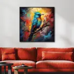 Yağlı Boya Dokulu Tablo Dalda Renkli Kuş Siyah Çerçeveli